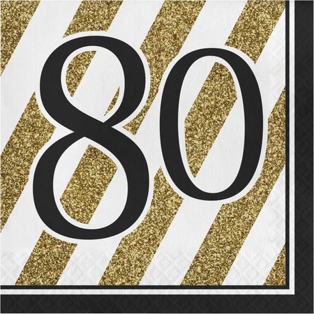 CREATIVE CONVERTING Black and Gold 80th Birthday Napkins, 6.5", 192PK 317544